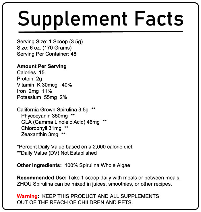 Zhou Nutrition Spirulina Ingredient Listing